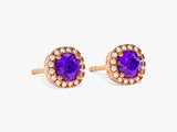 Halo Amethyst Birthstone Stud Earrings