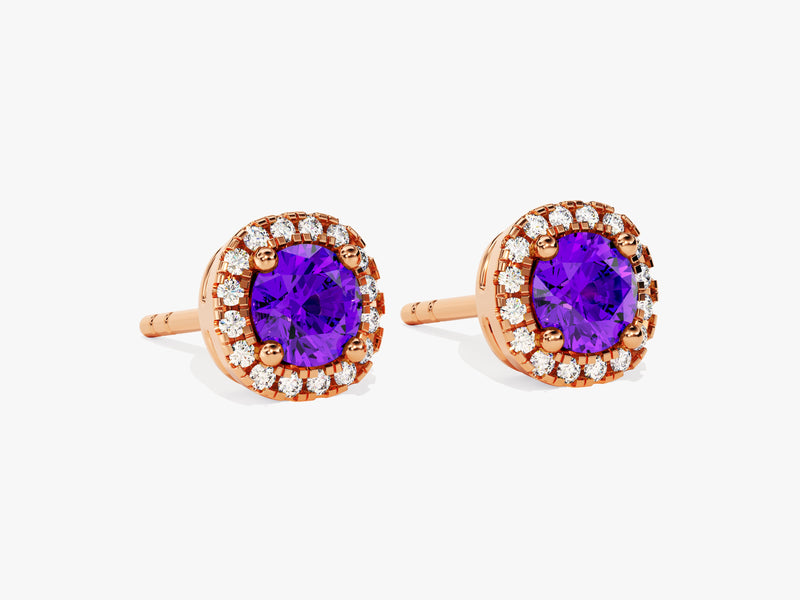 Halo Amethyst Birthstone Stud Earrings