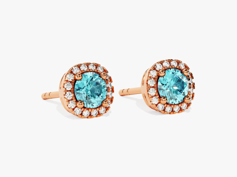 Halo Aquamarine Birthstone Stud Earrings