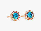 Halo Blue Topaz Birthstone Stud Earrings