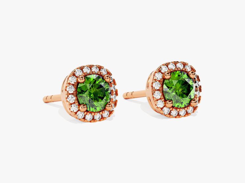 Halo Emerald Birthstone Stud Earrings