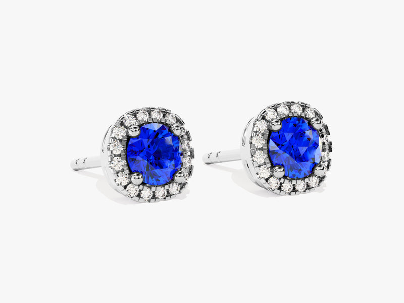 Halo Sapphire Birthstone Stud Earrings