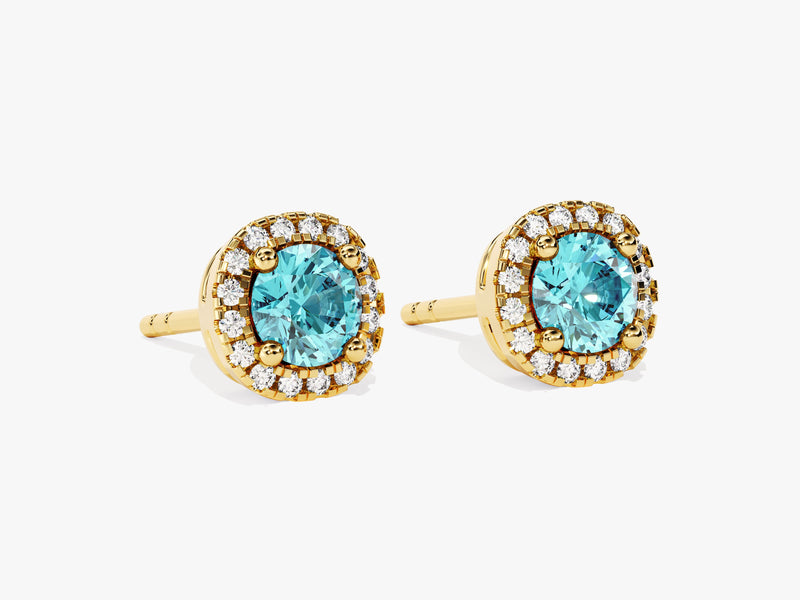 Halo Aquamarine Birthstone Stud Earrings