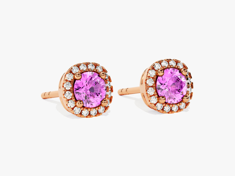 Halo Pink Tourmaline Birthstone Stud Earrings