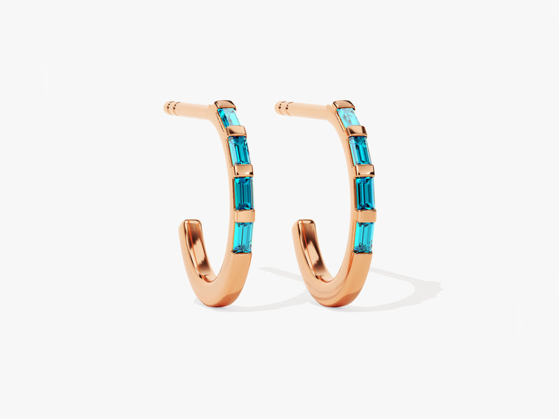 Baguette Bar Blue Topaz Birthstone Hoop Earrings