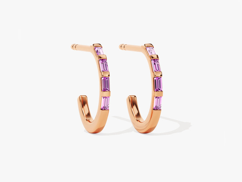 Baguette Bar Pink Tourmaline Birthstone Hoop Earrings