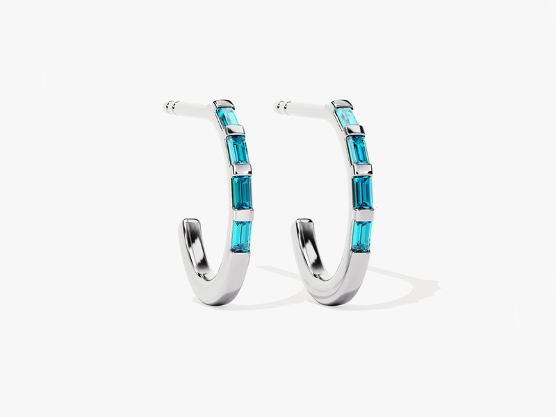 Baguette Bar Blue Topaz Birthstone Hoop Earrings