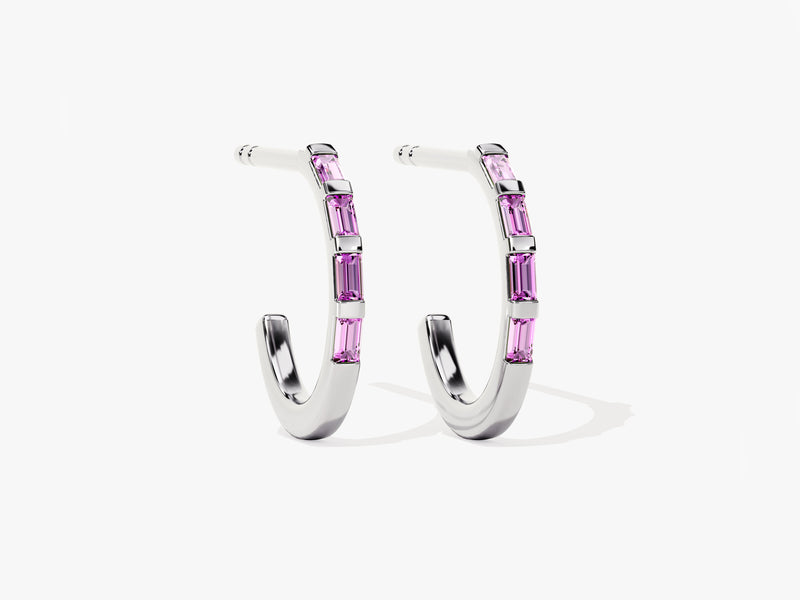 Baguette Bar Pink Tourmaline Birthstone Hoop Earrings