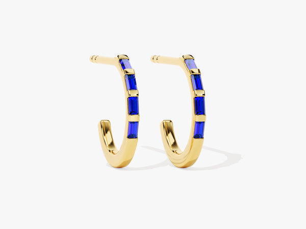 Baguette Bar Sapphire Birthstone Hoop Earrings