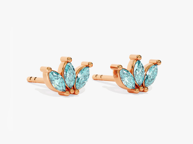 Lotus Aquamarine Birthstone Stud Earrings