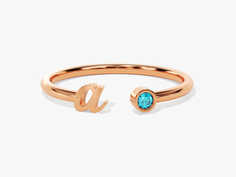 Initial Letter Blue Topaz Birthstone Open Ring