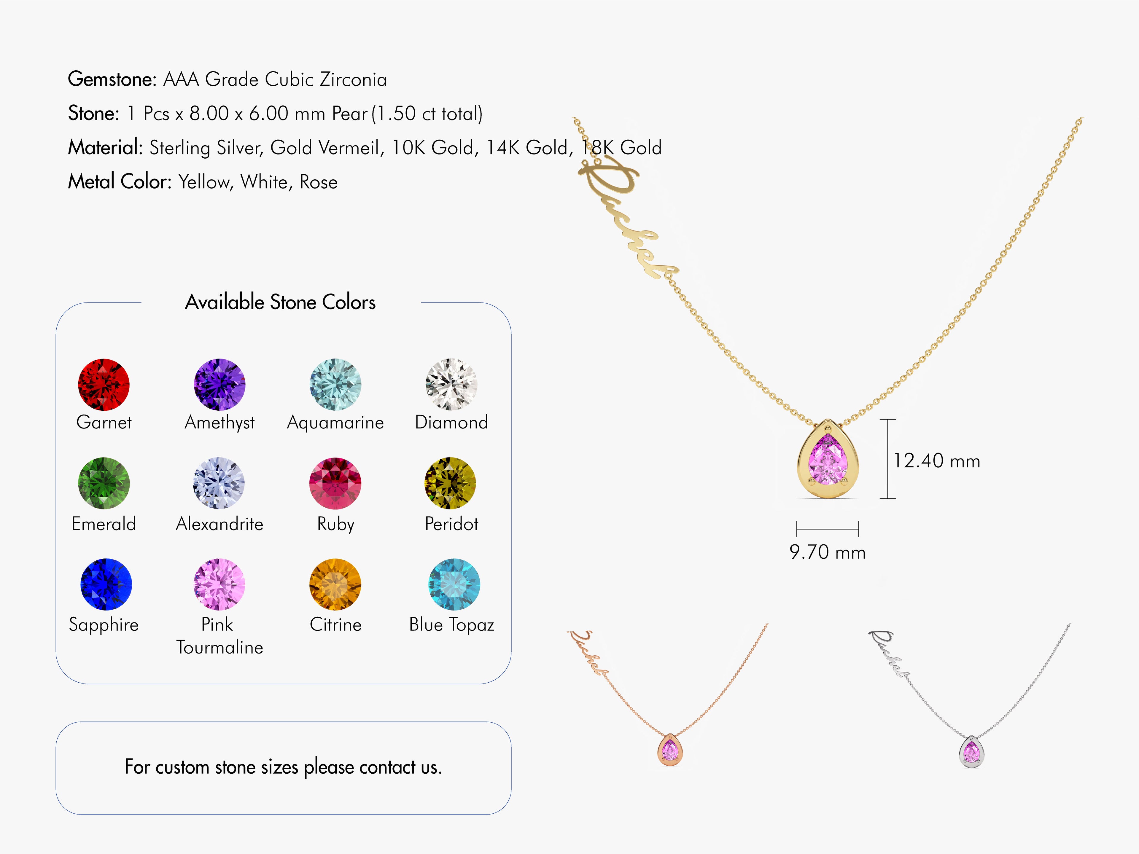 Pear Pink Tourmaline Birthstone Name Necklace