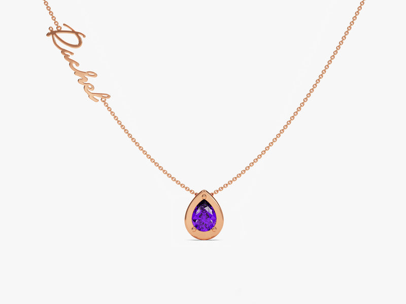 Pear Amethyst Birthstone Name Necklace