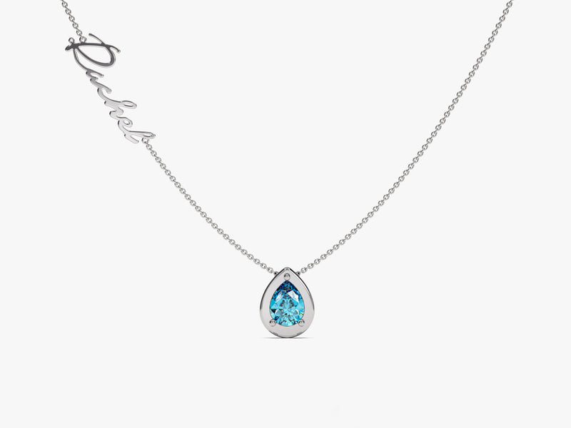 Pear Blue Topaz Birthstone Name Necklace