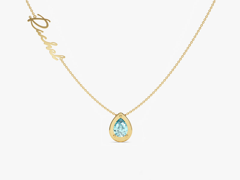 Pear Aquamarine Birthstone Name Necklace