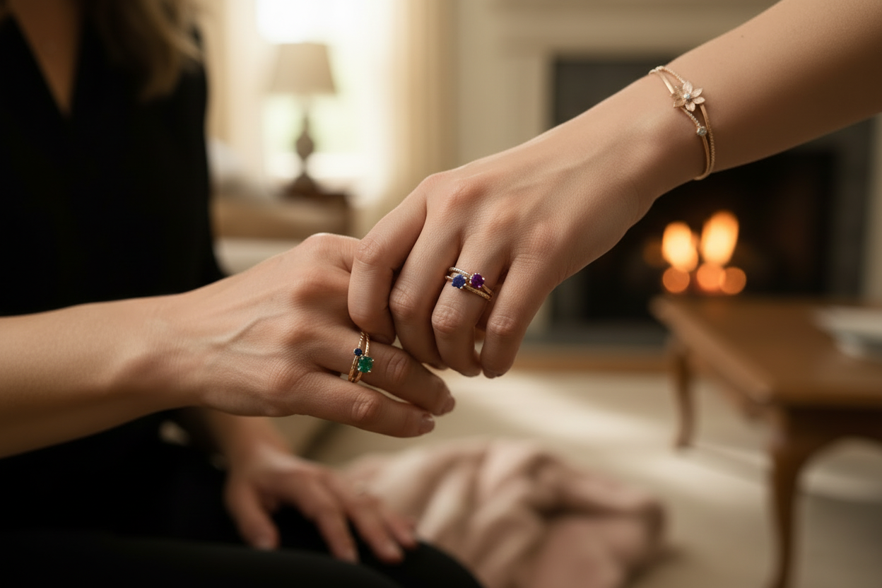 Mother and daughter wearing colorful birthstone rings
